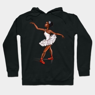 Ballet in red shoes - ballerina doing pirouette in white tutu and red shoes  - brown skin ballerina Hoodie